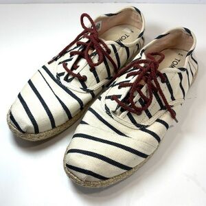 Toms Shoes Women 8 Cordones Casual Low Sneakers Cream/Navy Striped Fabric Laced
